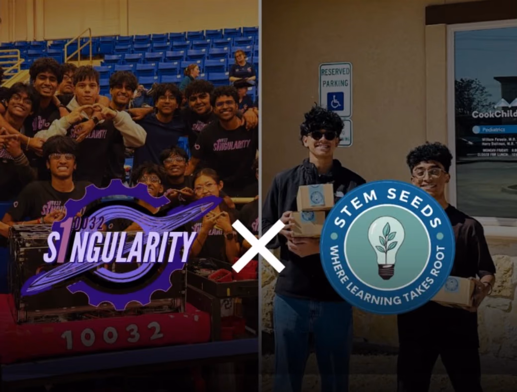 Singularity Robotics team 10032 and STEMSeeds logos side by side over photos of both teams