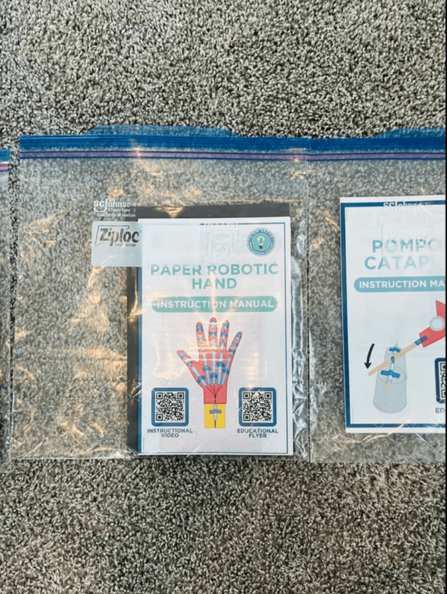 Hospital-safe experiment bags with the Paper Robotic Hand instruction manual
