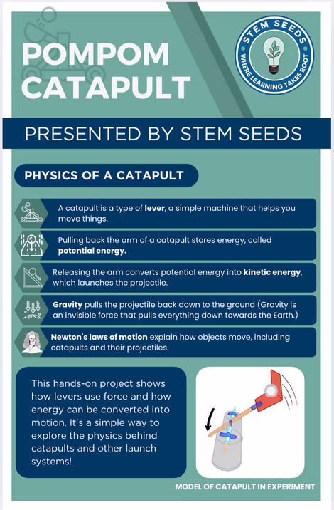 Educational flyer explaining the science behind the pom-pom catapult
